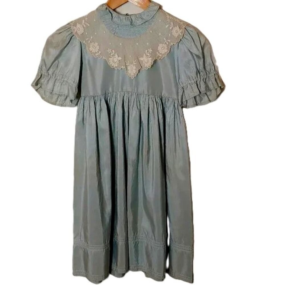 Vintage Au Chat Botte France Silk Taffeta Lace Bib Dress‎ Blue Child 4T